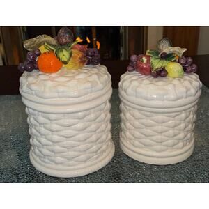 Set of 2 Vintage White Ceramic Basketweave Canister Set With Fruit Topped Lids
